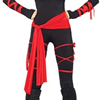 NEW Leg Avenue womens 4pc. Deadly Ninja,catsuit ,waist Sash,arm Warmers,mask,leg Wraps. Small, Black/Red