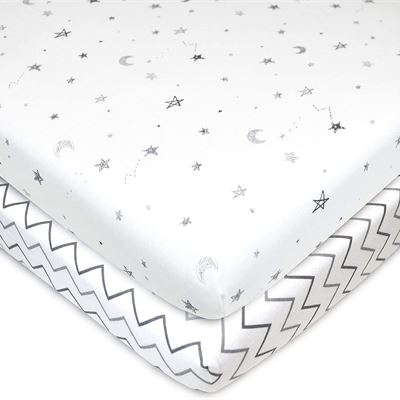NEWAmerican Baby Company 2 Pack Printed 100% Natural Cotton Jersey Knit Fitted Portable/Mini-Crib Sheet, Grey Stars and Zigzag, Soft Breathable