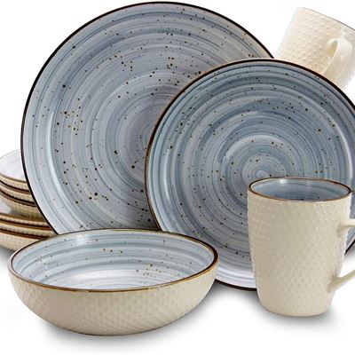 BRAND NEW Elama Round Stoneware Luxurious Mellow Dinnerware Dish Set, 16 Piece, Speckle Powder Blue and White