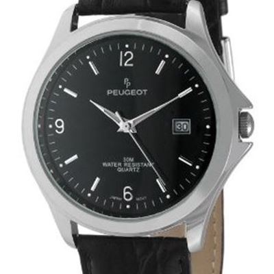 NEW  Peugeot Men's Silver-Tone Black Leather Strap Classic Dress Watch 296BK