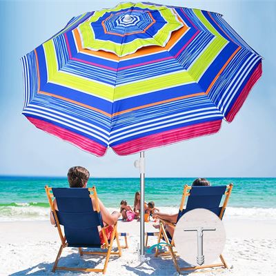 NEW AMMSUN 6.5ft Portable Folded Beach Umbrella with Sand anchor Air-vent Tilt UV50+ Protection Fits in Suitcase for beach Sun & Outdoor (Stripe new)