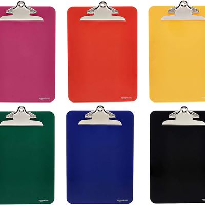 NEW Amazon Basics Plastic Clipboards with Metal Clip, Assorted Colors, Pack of 6