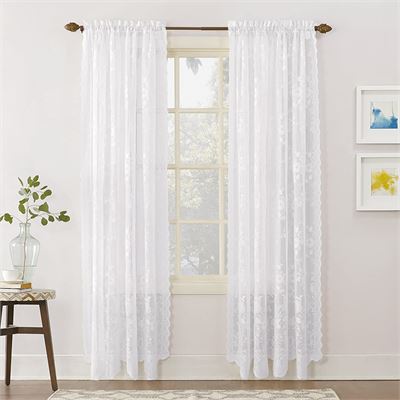 NEW No. 918 Alison Floral Lace Sheer Rod Pocket Curtain Panel, White, 58" x 84"