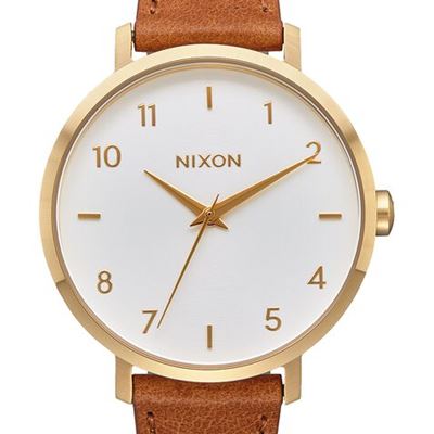 NEW Nixon Arrow Leather Watch-Gold/White/Saddle