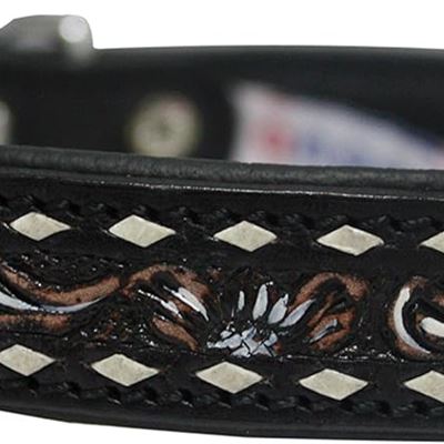 NEW Leather Dog Collar. 18" x 3/4", Western Tooled in Black with Black/White Buc