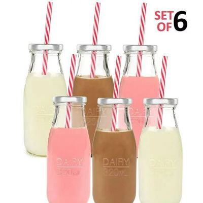 NEW Estilo Dairy Reusable Glass Milk Bottles with Straws and Metal Screw on Lids