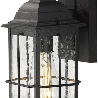 NEW Zeyu 1-Light Outdoor Wall Sconce Lantern, 14 inch Exterior Light Fixtures Wall Mount in Black Finish with Seeded Glass Shade, 20071B1