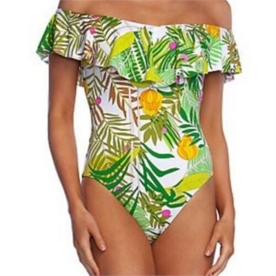 NEW TRINA TURK US 6 GREEN TROPICAL PRINT OFF SHOULDER ONE PIECE, 8