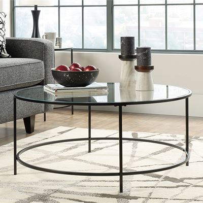NEW Sauder Soft Modern Round Coffee Table Black Clear Glass