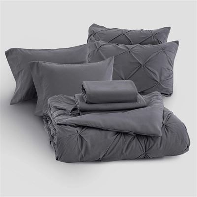 NEW Bedsure Dark Grey Comforter Set - 8 Pieces Pintuck Bed in A Bag Queen