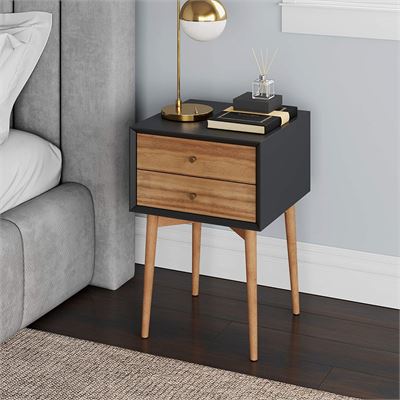 NEW Nathan James 32703 Harper Mid-Century Side Table, Two-Drawer Nightstand, Black/Brown