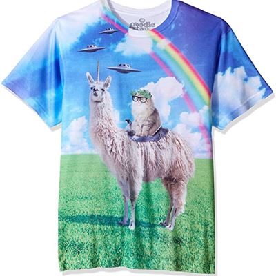 NEW Goodie Two Sleeves Unisex-Adult Humor Cat Rides Llamacorn Adult T-Shirt, Large, Sublimated