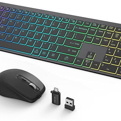 CHESONA RGB Backlit Wireless Keyboard and Mouse, Rainbow Backlight Keyboard with