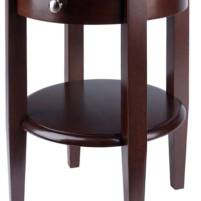 NEW Winsome Wood Round End Table with Drawer and Shelf, Antique Walnut